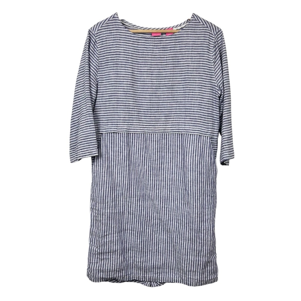 ISAAC MIZRAHI 100% Linen Pinstriped Shift Dress, White/Blue, Size Small